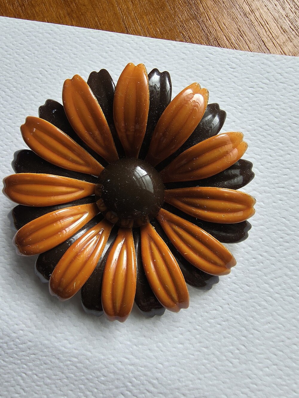Vintage 1960s Metal Flower Brooch, Brown Orange Two Tone Pin.